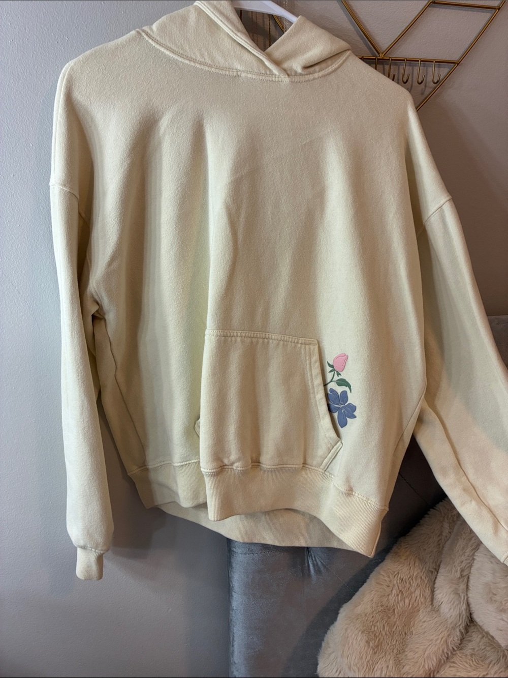 Hollister Cream Hoodie with Pink & Blue Floral Accent